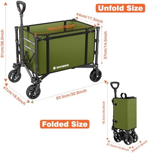 Collapsible Wagon Cart with Wheels 220lbs Foldable Wagon 120L Shopping Cart for Groceries Folding Utility Wagon for Beach  Garden  Camping  Sport  Green