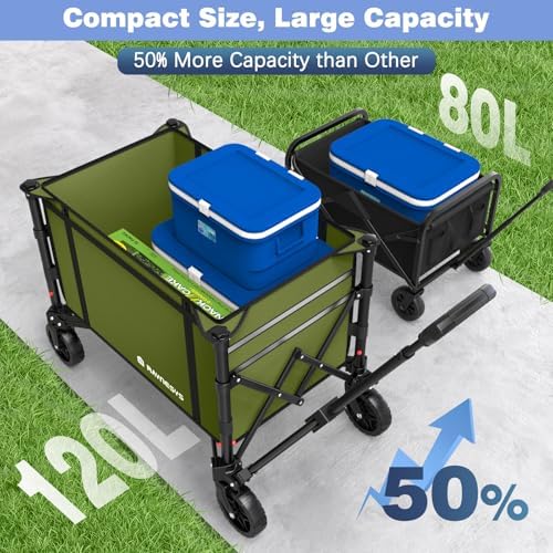 Collapsible Wagon Cart with Wheels 220lbs Foldable Wagon 120L Shopping Cart for Groceries Folding Utility Wagon for Beach  Garden  Camping  Sport  Green