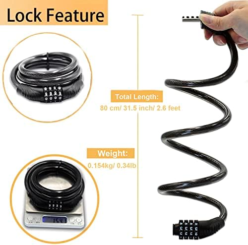 Combination Bike Cable Lock - 4 Digit  32 inch Long Coiled Security Resettable Cable Lock  Anti-Theft Accessories for Mountain Bike  Road Bike  Electric Bicycle  Scooter