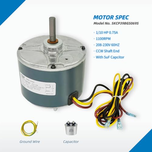 Condenser Fan Motor Replacement for Carrier 5KCP39BGS069S #3S001  GE3907 Genteq Bryant Payne Dayton AC/Air Conditioner 1/10 HP 1100 RPM 208-230V 60HZ 48 Frame with Capacitor OEM Upgraded LEUNGOO