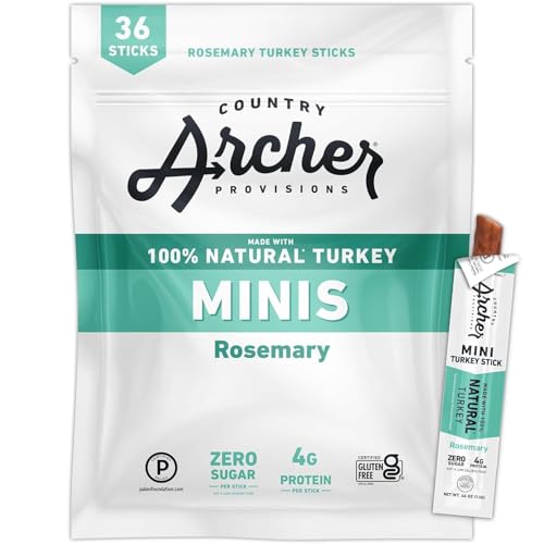Country Archer Mini Turkey Jerky Sticks - All Natural Turkey Sticks Protein Snack Turkey Jerky Sticks for People Turkey Snack Meat Sticks Gluten Free Keto Rosemary Flavor - 0.5 oz (Pack of 36)