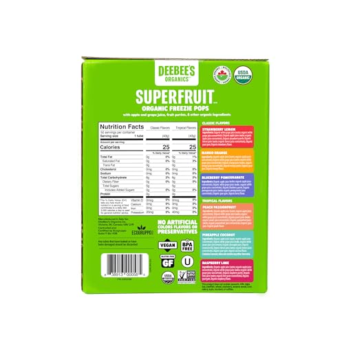 DeeBee's Organics SuperFruit Freezie Pops Variety Pack No Added Sugars No Artificial Flavors or Colors (Pack of 50)