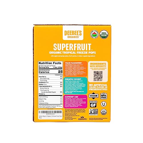 DeeBee's Organics Tropical SuperFruit Freezie Pops No Added Sugars No Artificial Flavors or Colors (Pack of 50)