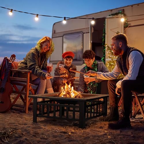 Devoko Outdoor Fire Pit  32 Inch Firepit Table Metal Outdoor Fireplaces with Waterproof Cover for Outside Patio Camping (Black)