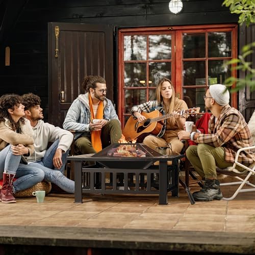 Devoko Outdoor Fire Pit 32 Inch Firepit Table Metal Outdoor Fireplaces with Waterproof Cover for Outside Patio Camping (Black)