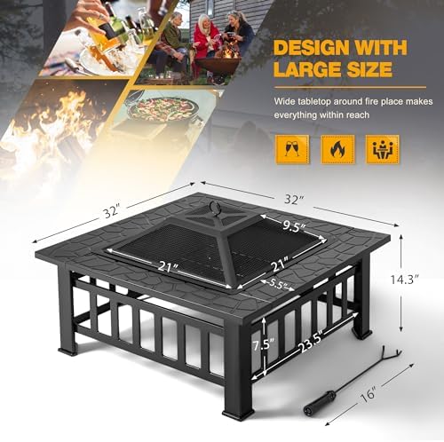 Devoko Outdoor Fire Pit  32 Inch Firepit Table Metal Outdoor Fireplaces with Waterproof Cover for Outside Patio Camping (Black)