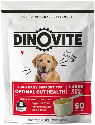 Dinovite Probiotics for Dogs – Promotes Healthy Skin & Coat with Omega 3 for Dogs Tackles Hot Spots Supports Digestion & Gut Health – 90 Day Supply for Large Dogs 45+ lbs