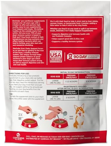 Dinovite Probiotics for Dogs – Promotes Healthy Skin & Coat with Omega 3 for Dogs Tackles Hot Spots Supports Digestion & Gut Health – 90 Day Supply for Large Dogs 45+ lbs