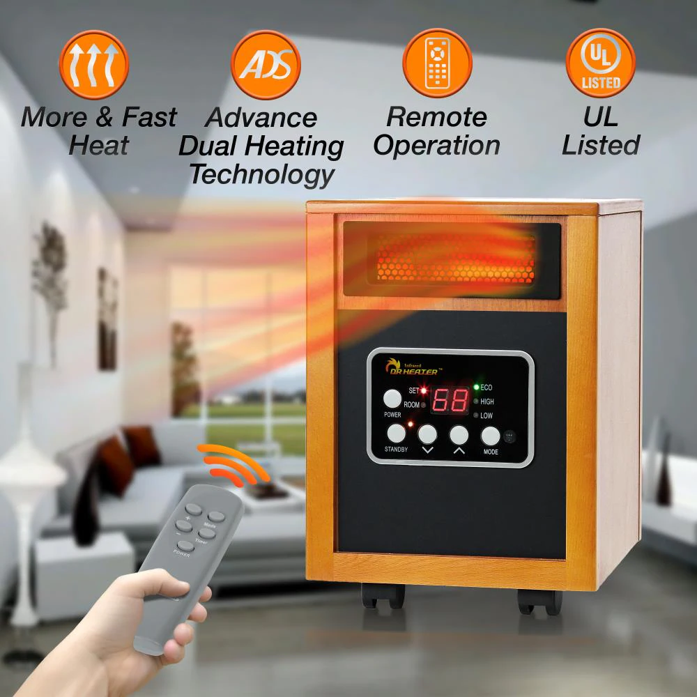 Dr. Infrared Heater 1500W Quartz Cabinet Indoor Electric Space Heater with Thermostat & Remote