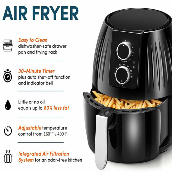 EASELAND Air Fryer, 5.8 Qt Electric Hot Air Fryers Oven with Knob, Kitchen Appliances, 360 Air Circulation Heating, Non-Stick Basket, Recipes, UL Certified, 1300W, Black