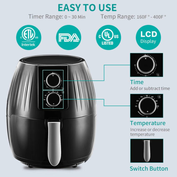 EASELAND Air Fryer, 5.8 Qt Electric Hot Air Fryers Oven with Knob, Kitchen Appliances, 360 Air Circulation Heating, Non-Stick Basket, Recipes, UL Certified, 1300W, Black