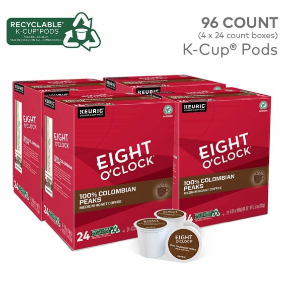 Eight O'Clock Colombian Peaks Medium Roast Coffee K-Cup Pods, 96 Count, 100% Arabica