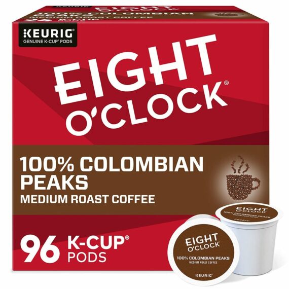Eight O'Clock Colombian Peaks Medium Roast Coffee K-Cup Pods, 96 Count, 100% Arabica