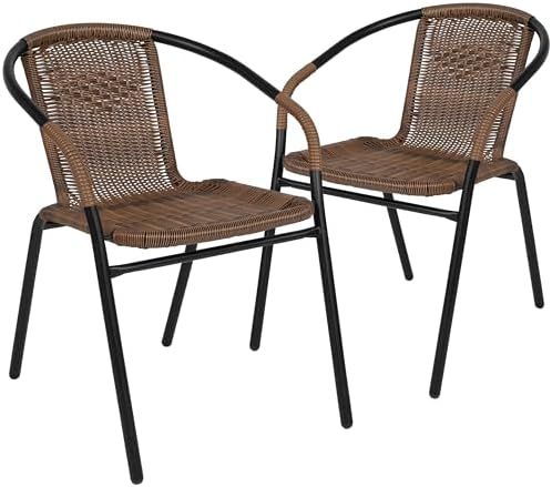 EMMA + OLIVER Dining Brown Chair | Rattan | 2 Pack | Indoor-Outdoor | Stack Chair | Medium