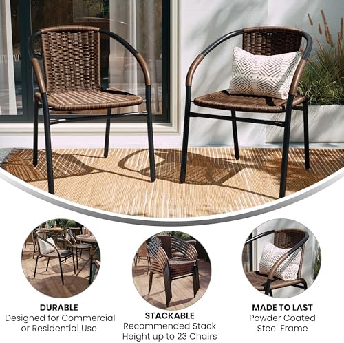 EMMA + OLIVER Dining Brown Chair | Rattan | 2 Pack | Indoor-Outdoor | Stack Chair | Medium