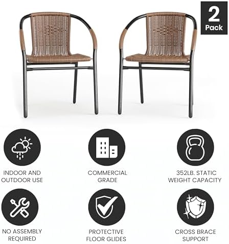 EMMA + OLIVER Dining Brown Chair | Rattan | 2 Pack | Indoor-Outdoor | Stack Chair | Medium