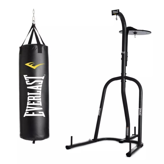 Everlast Dual Station Heavy Duty Powder Coated Steel Heavy and Speed Bag Stand and NevaTear 40 Pound Hanging MMA Boxing Heavy Punching Bag, Black