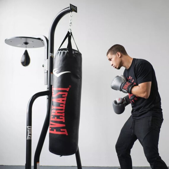 Everlast Dual Station Heavy Duty Powder Coated Steel Heavy and Speed Bag Stand and NevaTear 40 Pound Hanging MMA Boxing Heavy Punching Bag, Black