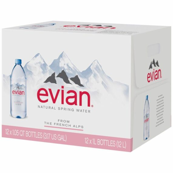 Evian Natural Spring Water, 1L Bottles, 12 Pack, Pure Hydration