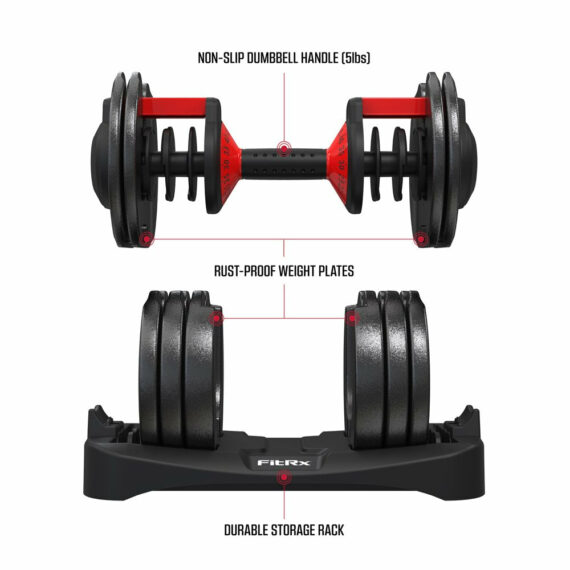 FitRx Smart Bell Adjustable Dumbbell 5-52.5 lbs, Quick-Select, Anti-Slip Handle, Home Gym Equipment
