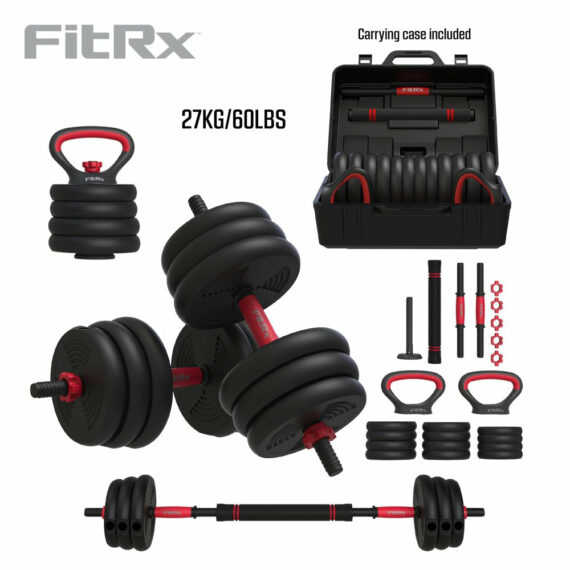 FitRx Smart Bell Gym 4-in-1 Adjustable Weights Set, 60Lb - Barbell, Kettlebell, Dumbbells, Push-Up Handles for Home Gym