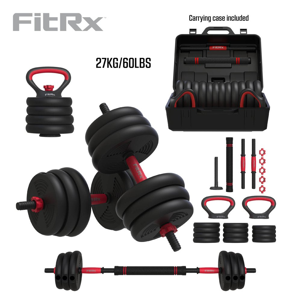 FitRx Smart Bell Gym 4-in-1 Adjustable Weights Set, 60Lb - Barbell, Kettlebell, Dumbbells, Push-Up Handles for Home Gym