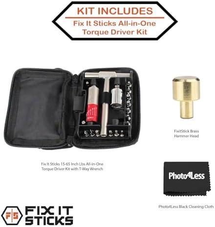 Fix It Sticks Tightening +/- 10% Accurate 15-65 inch-lbs All-In-One Torque Driver Tool Kit w/T-Way Wrench Bits Socket Adapters Bundle Brass Hammer Head Steel Insert Bit
