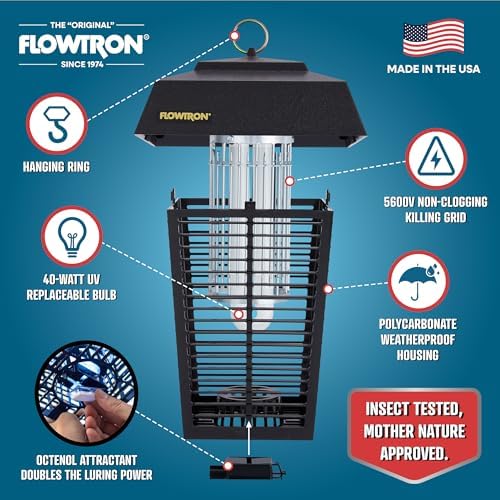 Flowtron Bug Zapper  1 Acre of Outdoor Coverage with Powerful 40W Bulb & 5600V Instant Killing Grid  Electric Insect  Fly & Mosquito Zapper  Made in The USA
