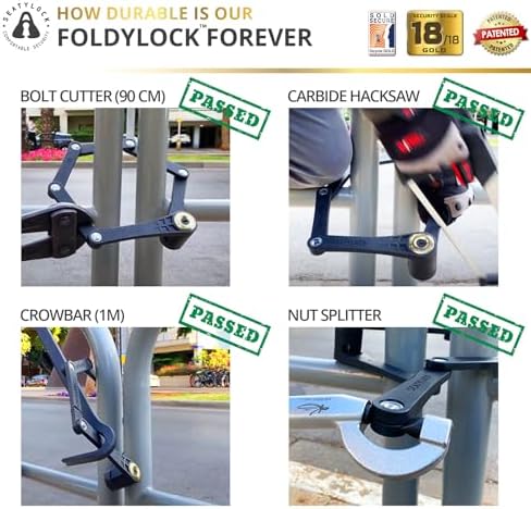 FoldyLock Forever Folding Bike Lock - Patented Sleek High Security Sold Secure Gold Bicycle Lock - Heavy Duty Anti Theft Smart Guard with Keys - 90cm