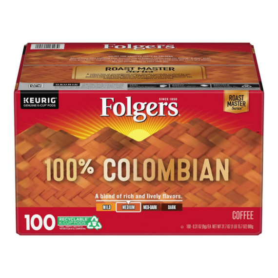 Folgers 100% Colombian Medium Dark Roast Coffee K-Cups, 100 Count - Rich Flavor, Keurig Compatible