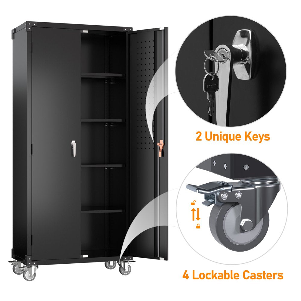 GangMei 72″ Black Metal Garage Storage Cabinet with Wheels & Pegboard, 4 Adjustable Shelves, Lockable Tool Organizer