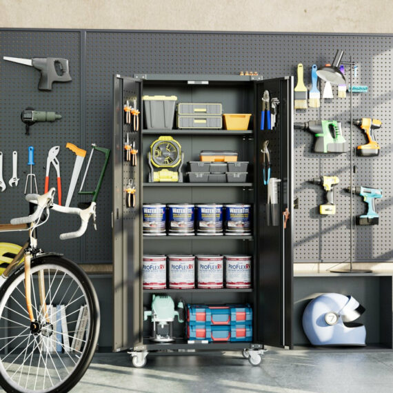 GangMei 72" Black Metal Garage Storage Cabinet with Wheels & Pegboard, 4 Adjustable Shelves, Lockable Tool Organizer