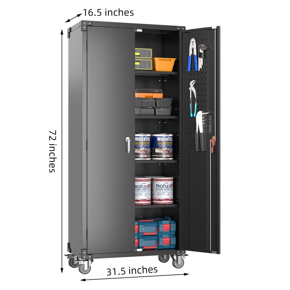 GangMei 72" Black Metal Garage Storage Cabinet with Wheels & Pegboard, 4 Adjustable Shelves, Lockable Tool Organizer