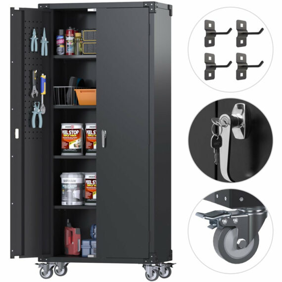 GangMei 72" Black Metal Garage Storage Cabinet with Wheels & Pegboard, 4 Adjustable Shelves, Lockable Tool Organizer