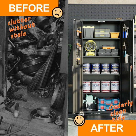 GangMei 72 in Metal Garage Storage Cabinet with Wheels and Pegboard, Black Tall Rolling Tool Cabinet with 4 Adjustable Shelves