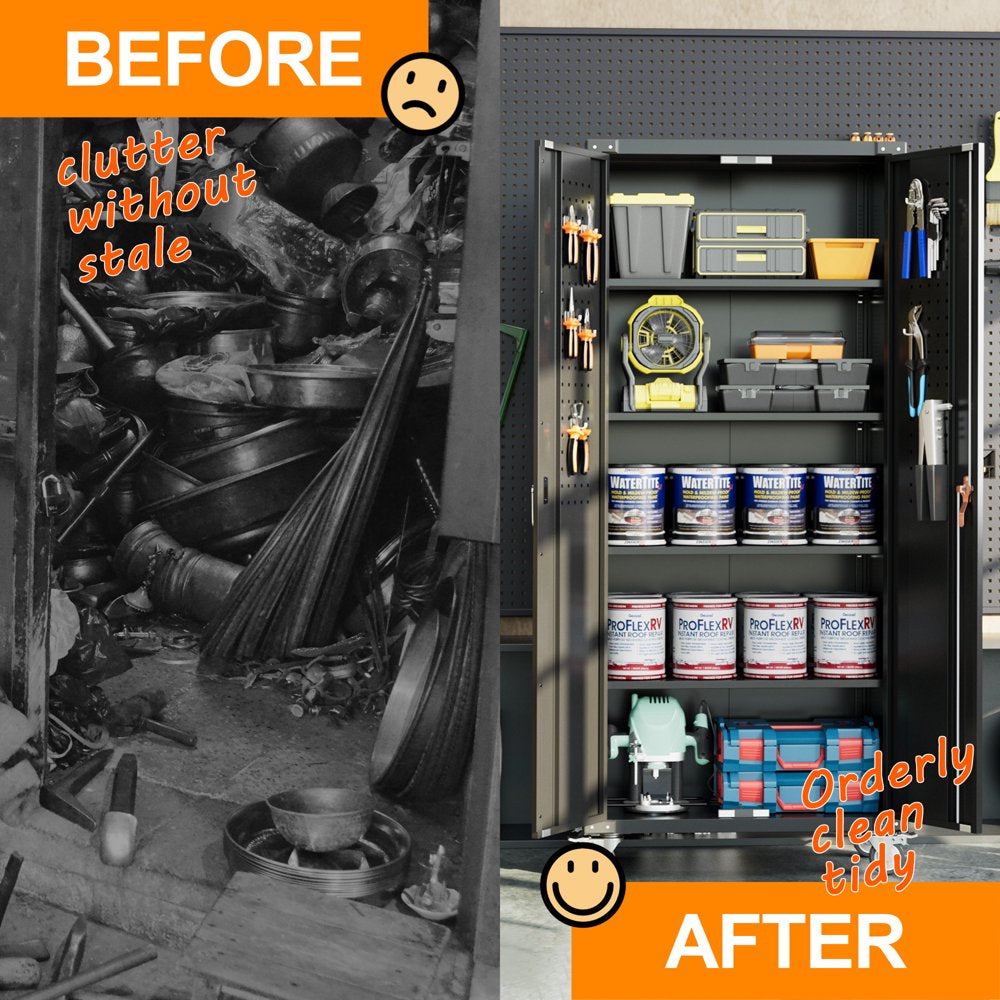 GangMei 72 in Metal Garage Storage Cabinet with Wheels and Pegboard, Black Tall Rolling Tool Cabinet with 4 Adjustable Shelves