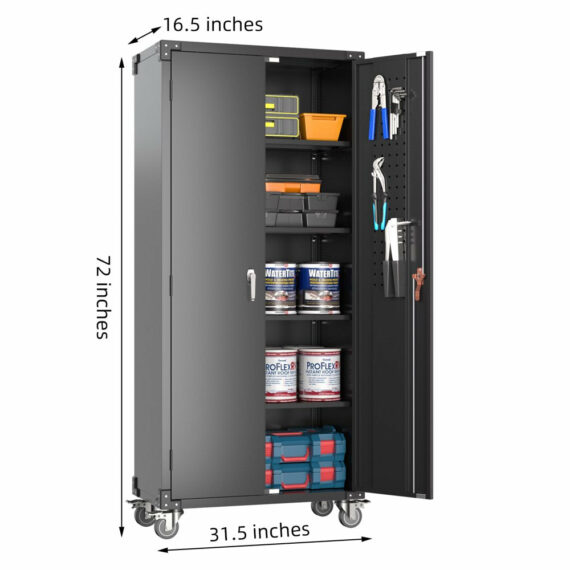 GangMei 72 in Metal Garage Storage Cabinet with Wheels and Pegboard, Black Tall Rolling Tool Cabinet with 4 Adjustable Shelves