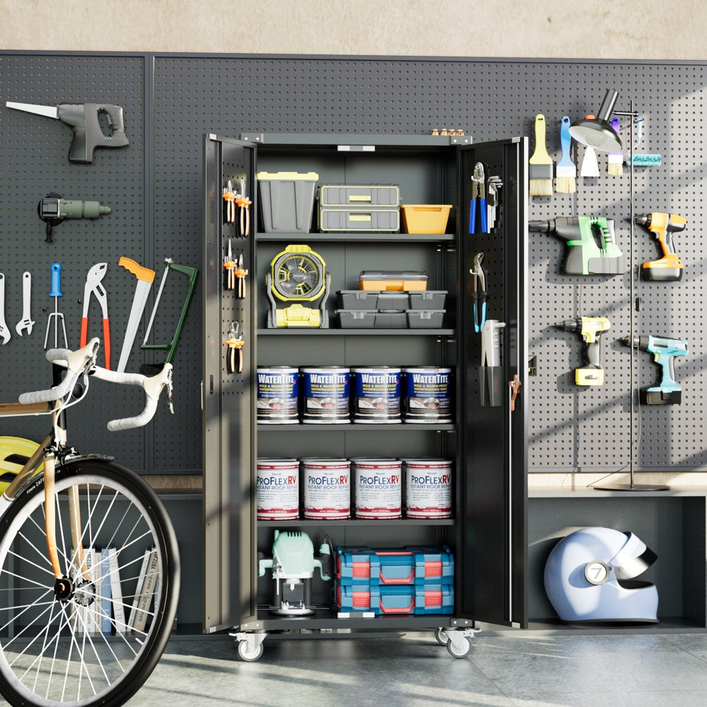 GangMei 72 in Metal Garage Storage Cabinet with Wheels and Pegboard, Black Tall Rolling Tool Cabinet with 4 Adjustable Shelves