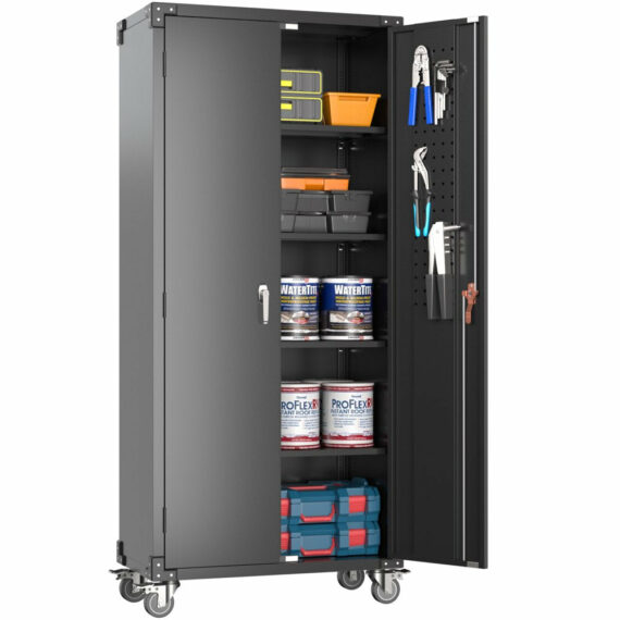 GangMei 72 in Metal Garage Storage Cabinet with Wheels and Pegboard, Black Tall Rolling Tool Cabinet with 4 Adjustable Shelves