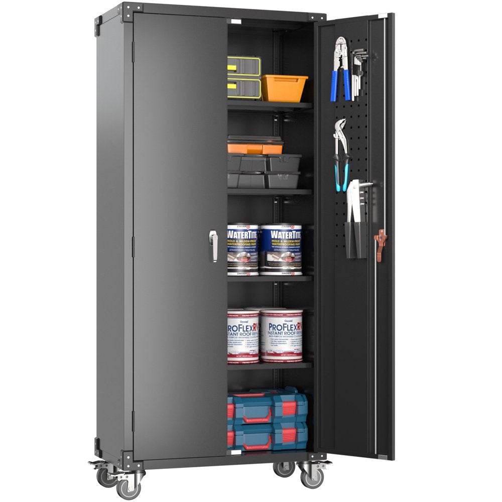 GangMei 72 in Metal Garage Storage Cabinet with Wheels and Pegboard, Black Tall Rolling Tool Cabinet with 4 Adjustable Shelves