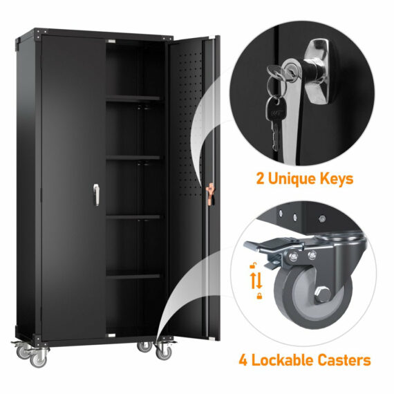 GangMei 72 in Metal Garage Storage Cabinet with Wheels and Pegboard, Black Tall Rolling Tool Cabinet with 4 Adjustable Shelves