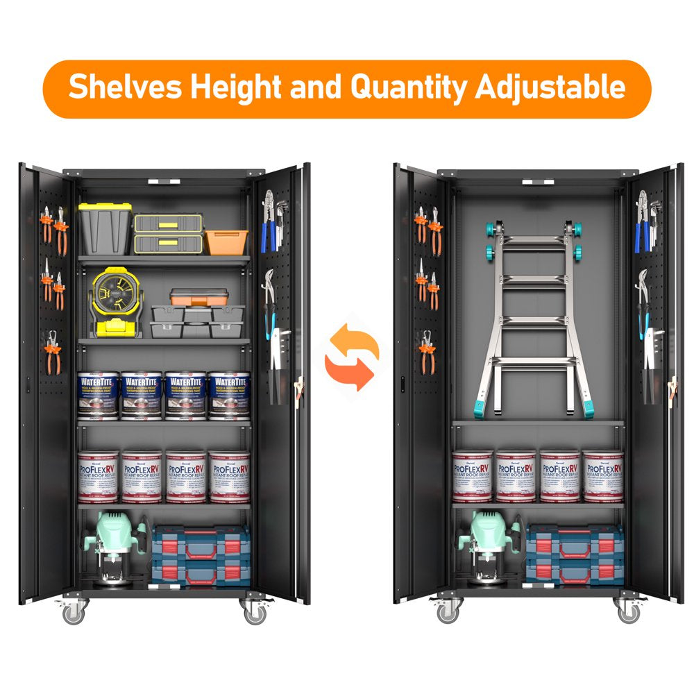 GangMei 72 in Metal Garage Storage Cabinet with Wheels and Pegboard, Black Tall Rolling Tool Cabinet with 4 Adjustable Shelves