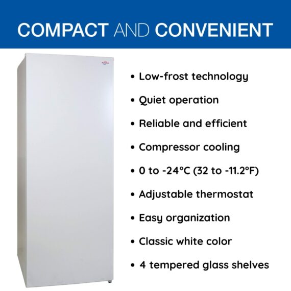 Garage-Ready Upright Freezer, 7.0 cu ft (198L), White, Low-Frost, Space-Saving Flat Back, Tempered Glass Shelves, Reversible Door, Pizza Compartment, for Garage, Shed, Basement, Cottage