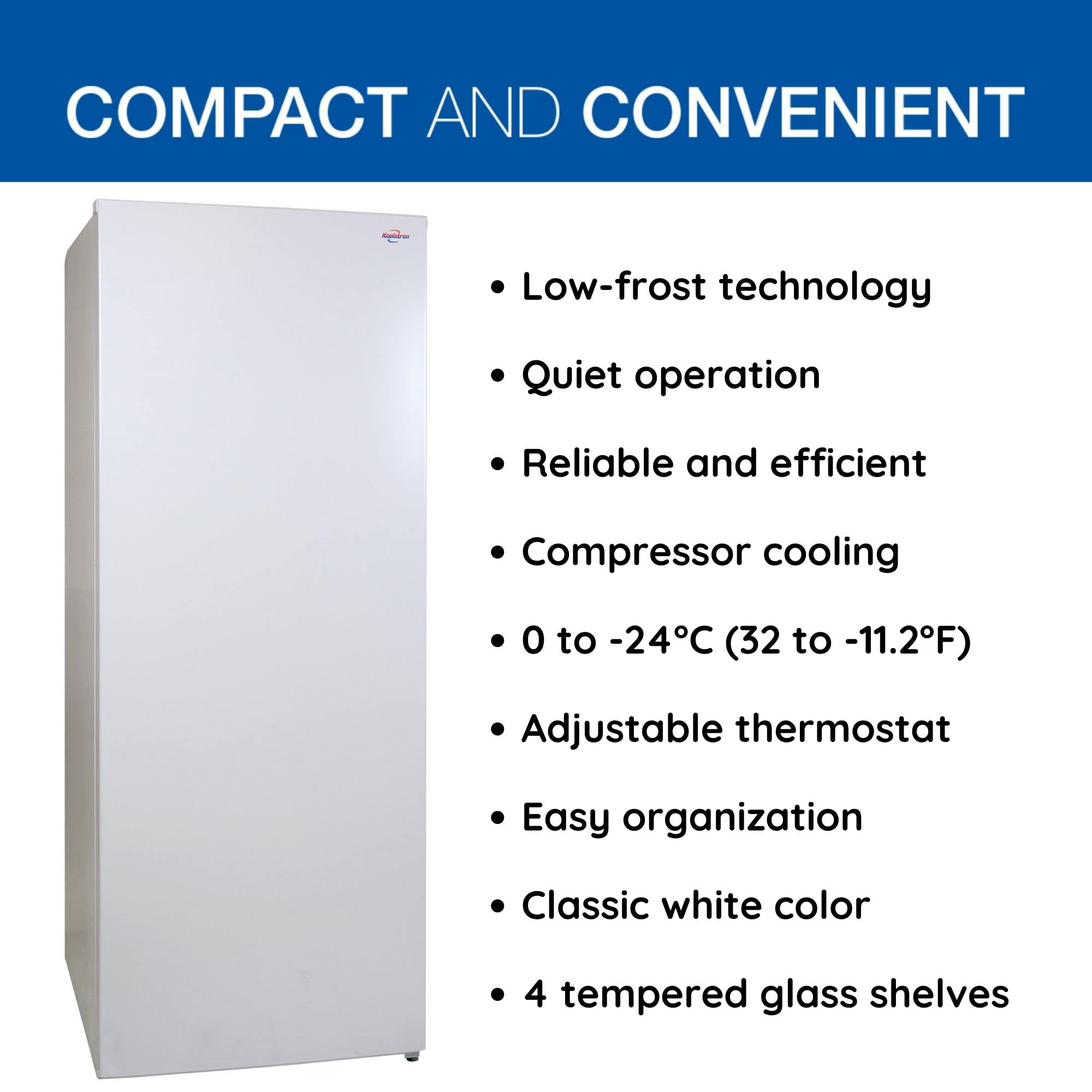 Garage-Ready Upright Freezer, 7.0 cu ft (198L), White, Low-Frost, Space-Saving Flat Back, Tempered Glass Shelves, Reversible Door, Pizza Compartment, for Garage, Shed, Basement, Cottage