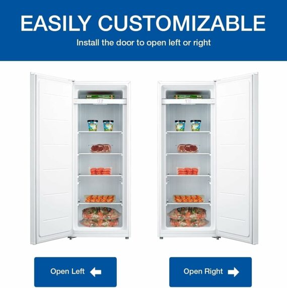 Garage-Ready Upright Freezer, 7.0 cu ft (198L), White, Low-Frost, Space-Saving Flat Back, Tempered Glass Shelves, Reversible Door, Pizza Compartment, for Garage, Shed, Basement, Cottage