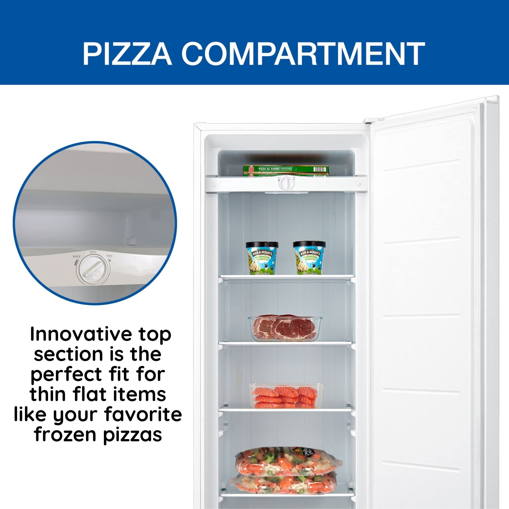 Garage-Ready Upright Freezer, 7.0 cu ft (198L), White, Low-Frost, Space-Saving Flat Back, Tempered Glass Shelves, Reversible Door, Pizza Compartment, for Garage, Shed, Basement, Cottage