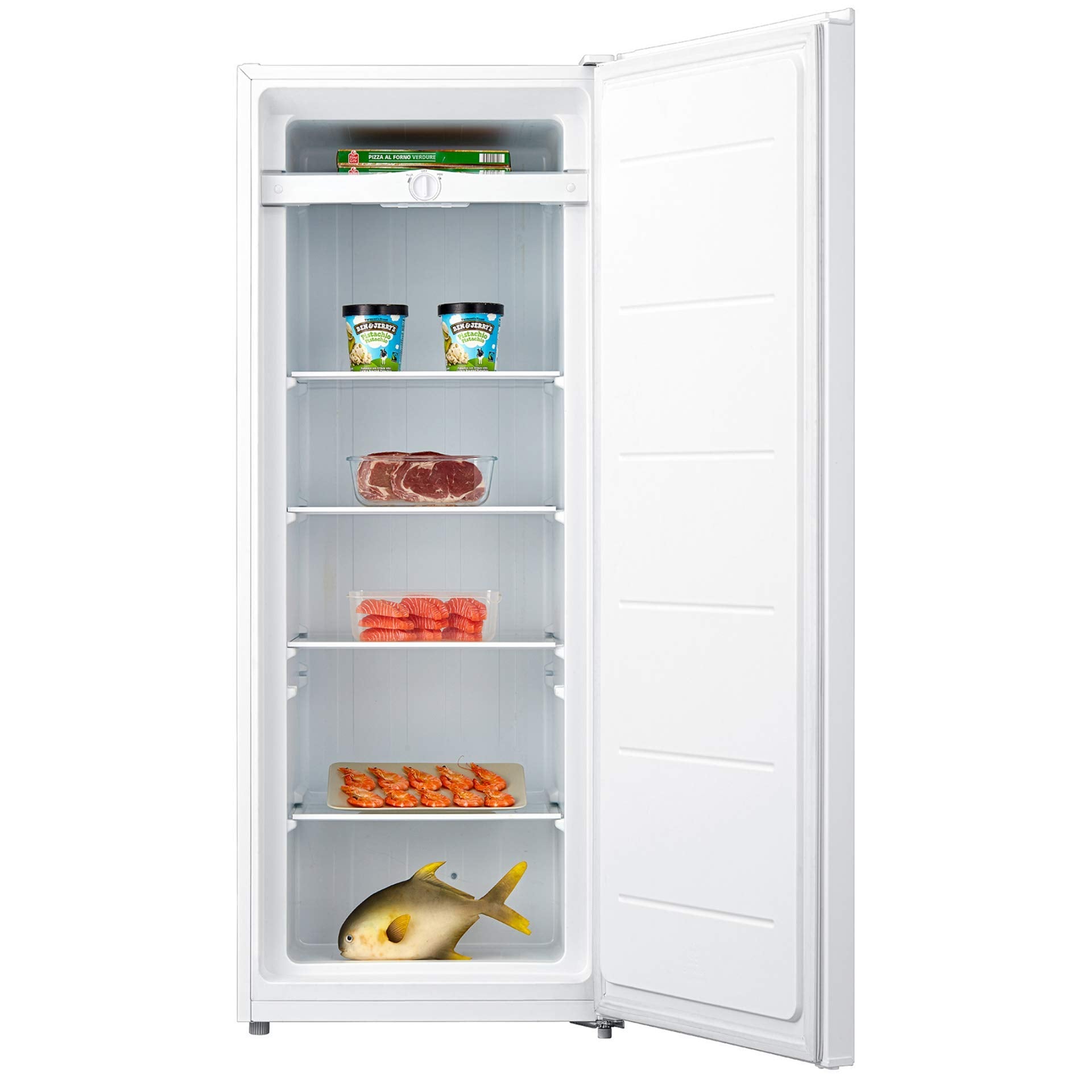 Garage-Ready Upright Freezer, 7.0 cu ft (198L), White, Low-Frost, Space-Saving Flat Back, Tempered Glass Shelves, Reversible Door, Pizza Compartment, for Garage, Shed, Basement, Cottage