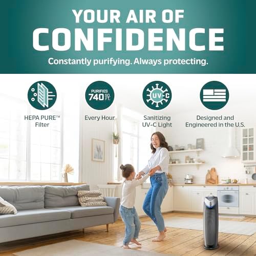 GermGuardian Air Purifier with HEPA 13 Filter  Removes 99.97% of Pollutants  Covers Large Room up to 743 Sq. Foot Room in 1 Hr  UV-C Light Helps Reduce Germs  Zero Ozone Verified  22″  Gray  AC4825E