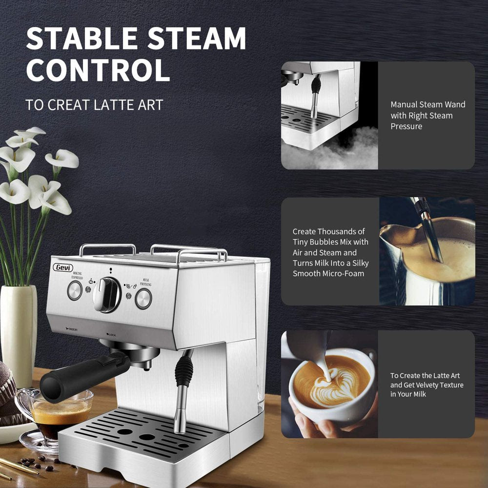 Gevi Silver 15-Bar Stainless Steel Espresso Machine with Frothing Wand – Cappuccino Maker