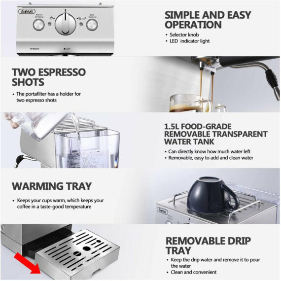 Gevi Silver 15-Bar Stainless Steel Espresso Machine with Frothing Wand - Cappuccino Maker